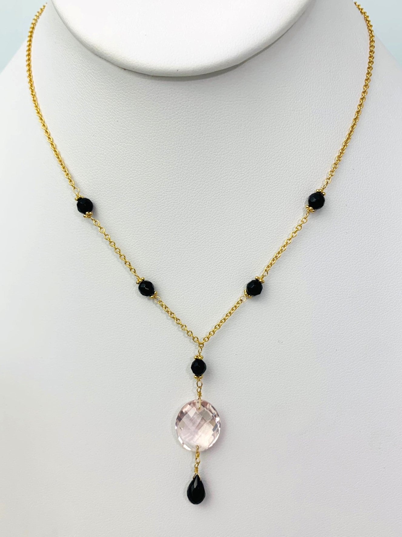 15-16" Rose Quartz And Onyx Station Necklace With Oval Checkerboard And Briolette Lariat Drop in 14KY - NCK-356-TNCDRPGM14Y-RQOX-16