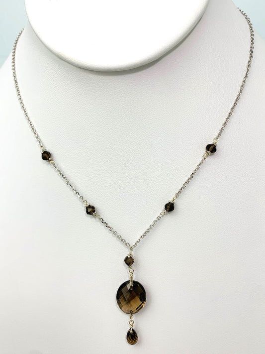 15-16" Smokey Quartz Station Necklace With Oval Checkerboard And Briolette Lariat Drop in 14KW - NCK-358-TNCDRPGM14W-SQ-16