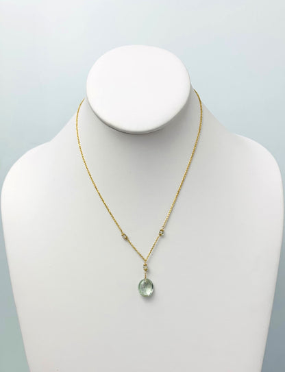 17" Prasiolite (Green Quartz) Station Necklace With Oval Checkerboard Lariat Drop in 14KY - NCK-359A-TNCDRPGM14Y-GQ-17