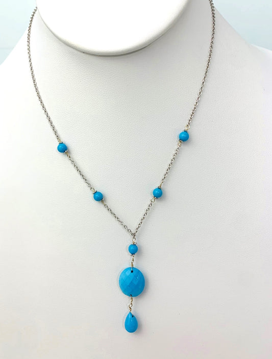 15-17" Turquoise Station Necklace With Oval Checkerboard And Briolette Lariat Drop in 14KW - NCK-361-TNCDRPGM14W-TQ-16