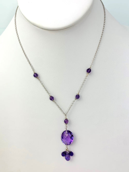 15-16"Amethyst Station Necklace With Oval Checkerboard And 3 Briolette Tassel Drop in 14KW - NCK-365-TASTNCGM14W-AMY-16