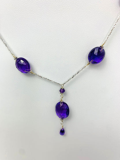 16" Amethyst Station Necklace With Oval Checkerboard And Briolette Tassel Drop in 14KW - NCK-369A-TASTNCGM14W-AMY-16