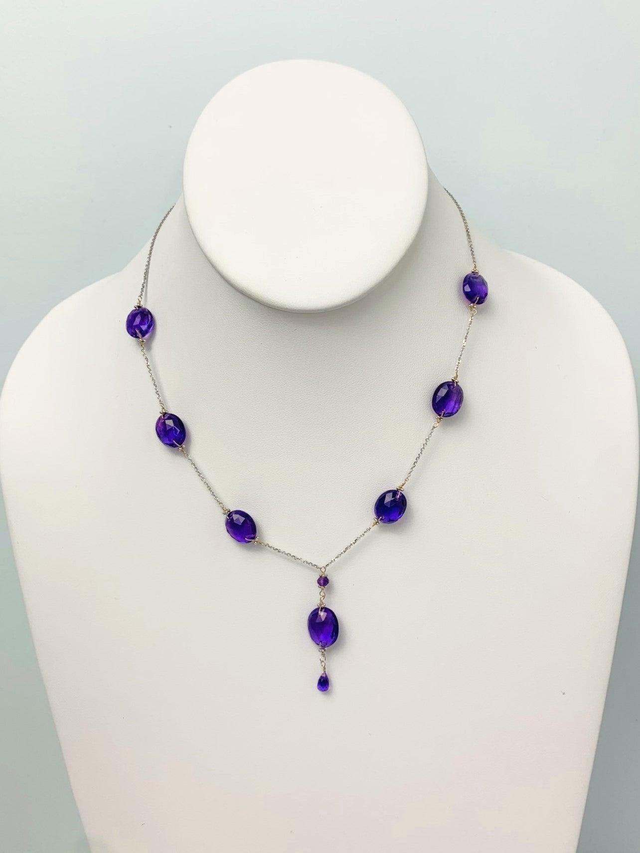 16" Amethyst Station Necklace With Oval Checkerboard And Briolette Tassel Drop in 14KW - NCK-369A-TASTNCGM14W-AMY-16