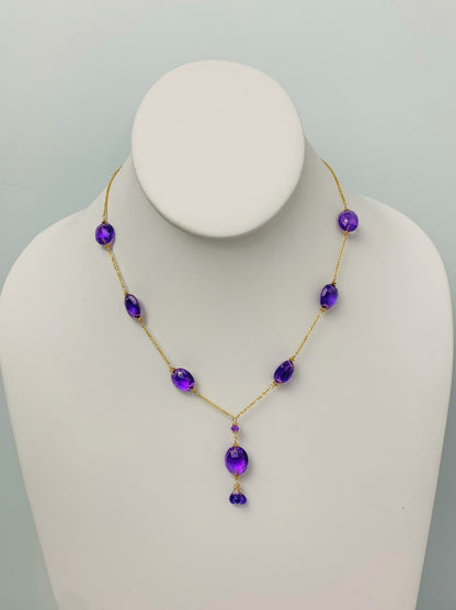 16"-17" Amethyst Station Necklace With Oval Checkerboard And 3 Briolette Tassel Drop in 14KY - NCK-369-TASTNCGM14Y-AMY-17