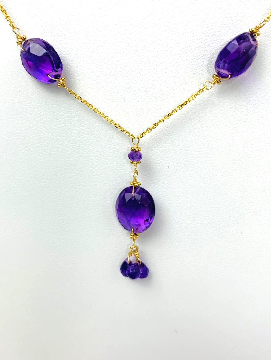 16"-17" Amethyst Station Necklace With Oval Checkerboard And 3 Briolette Tassel Drop in 14KY - NCK-369-TASTNCGM14Y-AMY-17