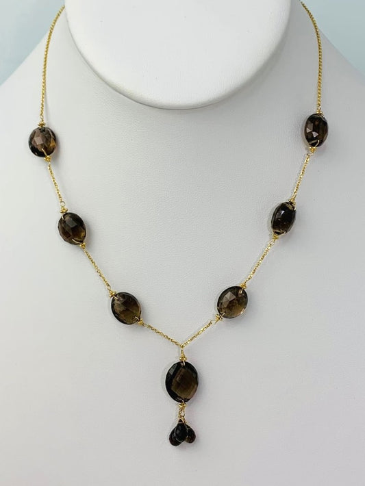 15-16" Smokey Quartz Station Necklace With Oval Checkerboard And 3 Briolette Tassel Drop in 14KY - NCK-369-TASTNCGM14Y-SQ-16