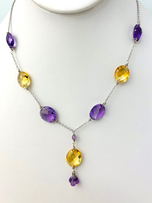 16-17" Amethyst And Citrine Station Necklace With Oval Checkerboard And 3 Briolette Tassel Drop in 14KW - NCK-372-TASTNCGM14W-CITAMY-17