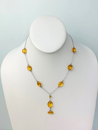 16-18" Citrine Station Necklace With Oval Checkerboard And 3 Briolette Tassel Drop in 14KW - NCK-374-TASTNCGM14W-CIT