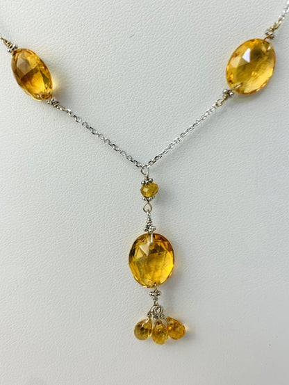 16-18" Citrine Station Necklace With Oval Checkerboard And 3 Briolette Tassel Drop in 14KW - NCK-374-TASTNCGM14W-CIT