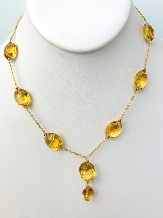 16-18" Citrine Station Necklace With Oval Checkerboard And 3 Briolette Tassel Drop in 14KY - NCK-374-TASTNCGM14Y-CIT-16-LG