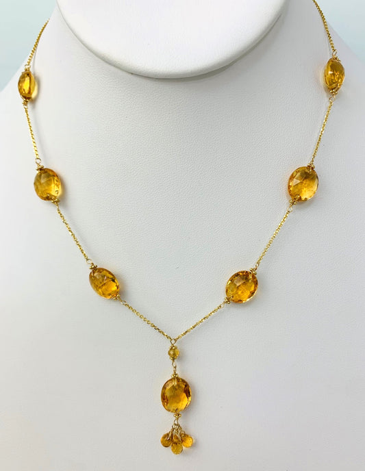 16-17" Citrine Station Necklace With Oval Checkerboard And 3 Briolette Tassel Drop in 14KY - NCK-374-TASTNCGM14Y-CIT-17-SM