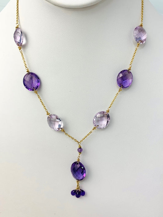 16-17"  Amethyst Station Necklace With Oval Checkerboard And 3 Briolette Tassel Drop in 14KY - NCK-375-TASTNCGM14Y-AMY-17