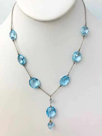 16-17" Blue Topaz Station Necklace With Oval Checkerboard And 3 Briolette Tassel Drop in 14KW - NCK-376-TASTNCGM14W-BT-17