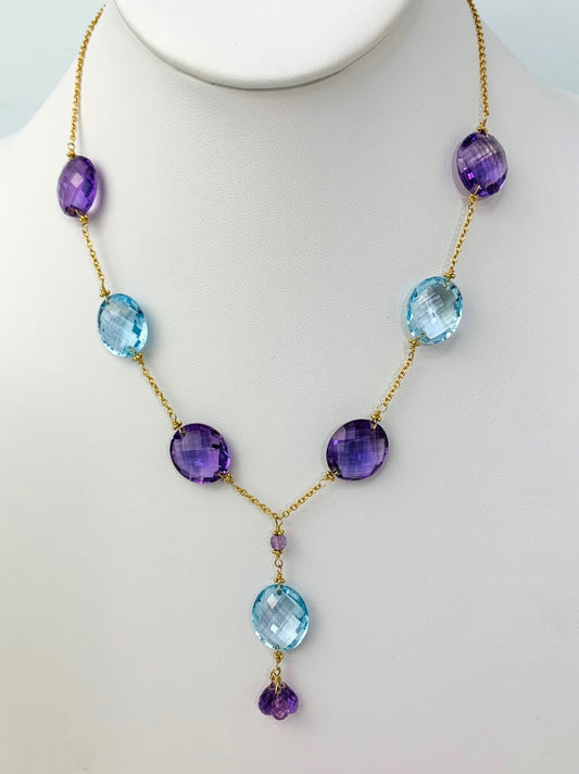 17-18" Blue Topaz And Amethyst Station Necklace With Oval Checkerboard And 3 Briolette Tassel Drop in 14KY - NCK-377-TASTNCGM14Y-BTAMY-18