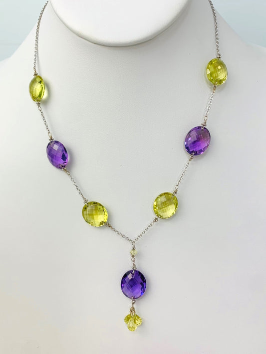 17-18" Lemon Quartz And Amethyst Station Necklace With Oval Checkerboard And 3 Briolette Tassel Drop in 14KW - NCK-378-TASTNCGM14W-LQAMY-18