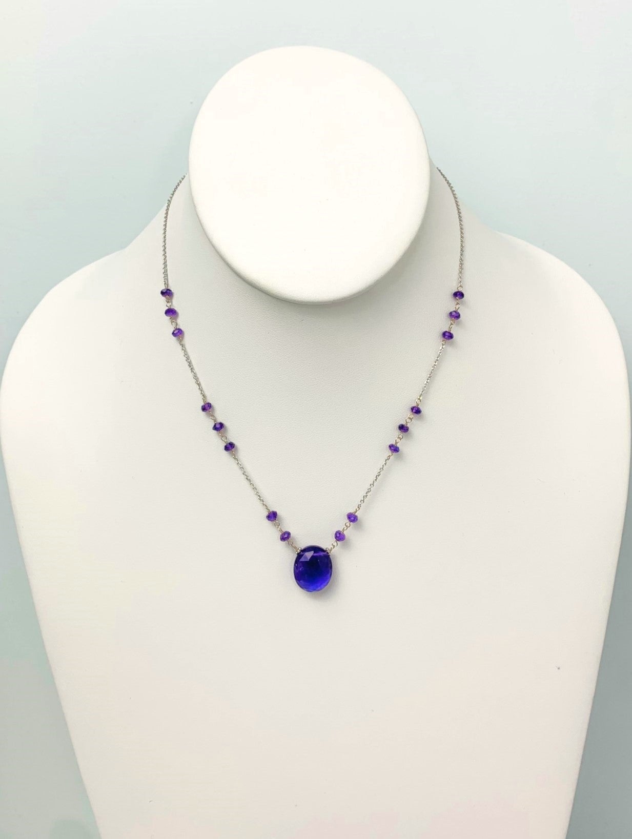 16"-17" Amethyst Station Necklace With Oval Center in 14KW - NCK-382-TNCGM14W-AM-17