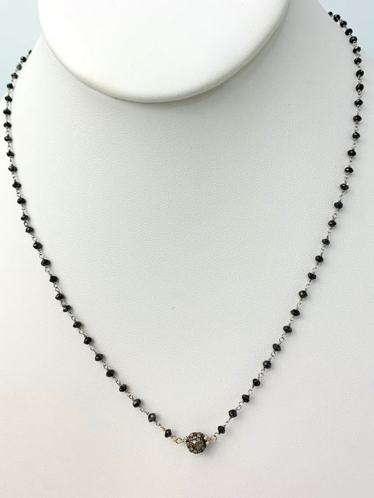18" Pave Ball Center Black Diamond Rosary Necklace in 14KW, SS - NCK-383-DCOROSDIA14WSS-BLK-18