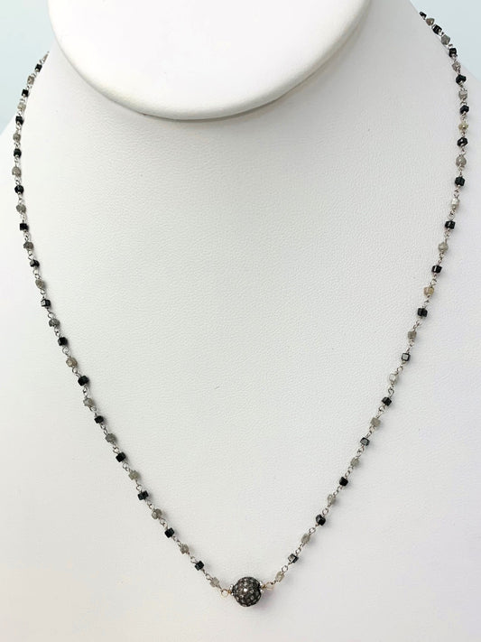 18" Pave Ball Center Black And Grey Cube Diamond Rosary Necklace in 14KW, SS - NCK-384-DCOROSDIA14WSS-BLKGRY-18 9.5ctw