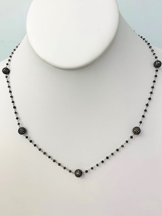 18"-31" Black Diamond Rosary Necklace With Blackened Sterling Silver Pave Diamond Beads