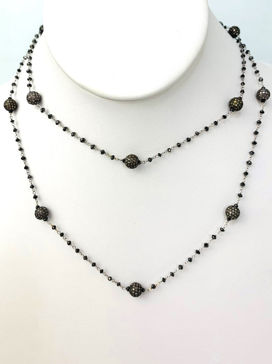 31" Black Diamond Rosary Necklace With Blackened Sterling Silver Pave Diamond Beads in 14KW, SS - NCK-386-DCOROSDIA14WSS-BLKGRY-31 20.25ctw