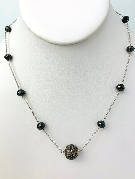 17" Black Diamond Station Necklace With Large Blackened Silver Round Pave Diamond Bead in 14KW, SS - NCK-388-DCOTNCDIA14WSS-BLK-17 15.50ctw