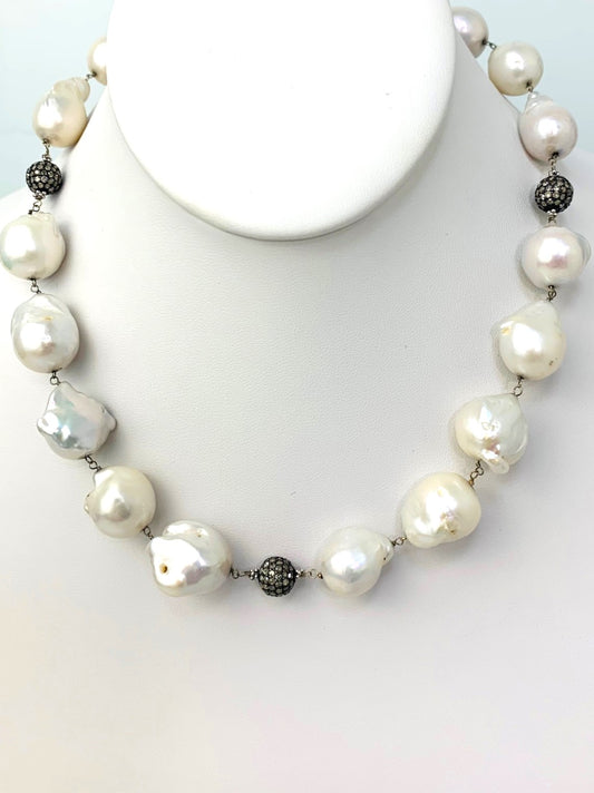 17" Freshwater Baroque Pearl And Blackened Silver Pave Bead Rosary Necklace in 14KW, SS - NCK-390-DCOROSDIAPRL14WSS-WH-17 3.24ctw