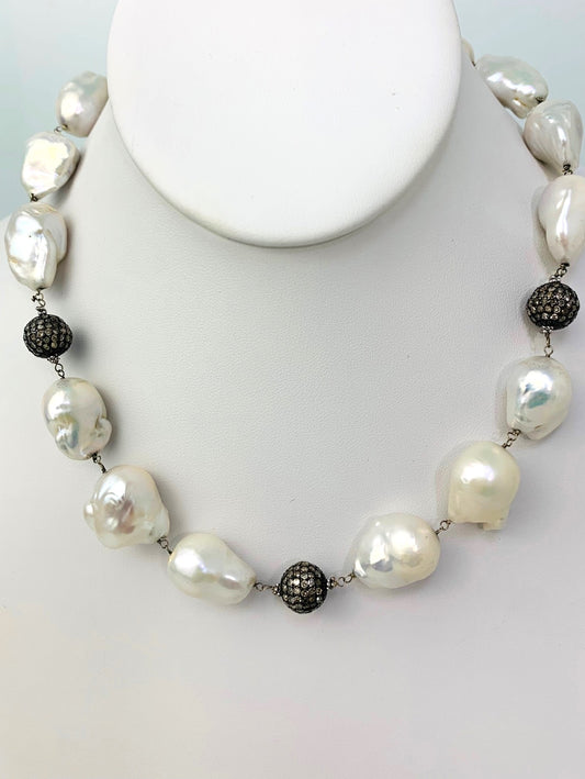 17.5" Freshwater Baroque Pearl And Blackened Silver Pave Bead Rosary Necklace in 14KW, SS - NCK-391-DCOROSDIAPRL14WSS-WH-17.5 4.32ctw