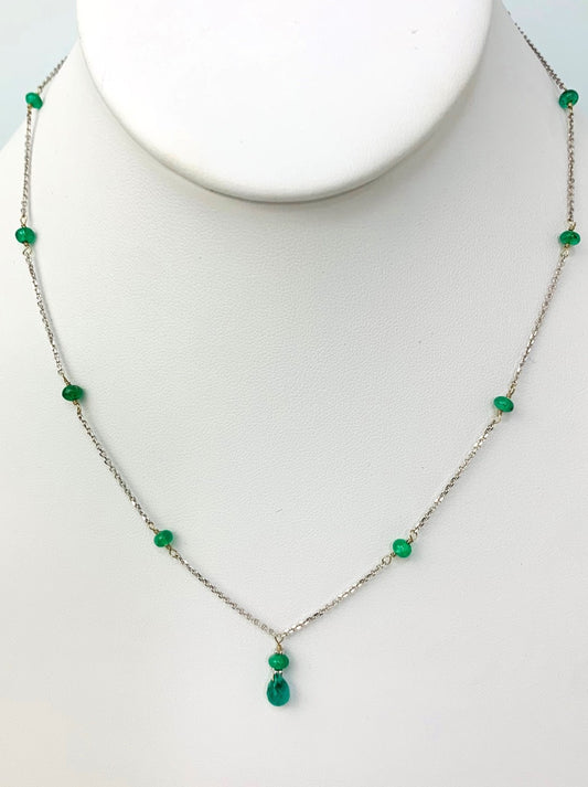 16" Emerald Station Necklace With Pear Drop Center in 14KW - NCK-396-TNCDRPGM14W-EM-16