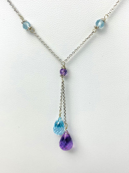 16"-17" Amethyst And Blue Topaz Lariat Station Necklace in 14KW - NCK-416-LARGM14W-AMBT-17-SM