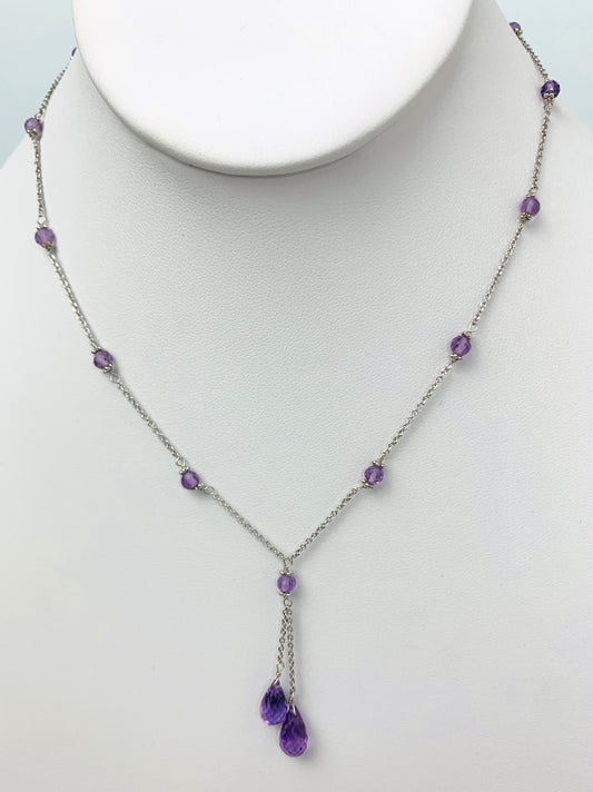 16"-17" Amethyst  Lariat Station Necklace in 14KW - NCK-417-LARGM14W-AM-17-SM