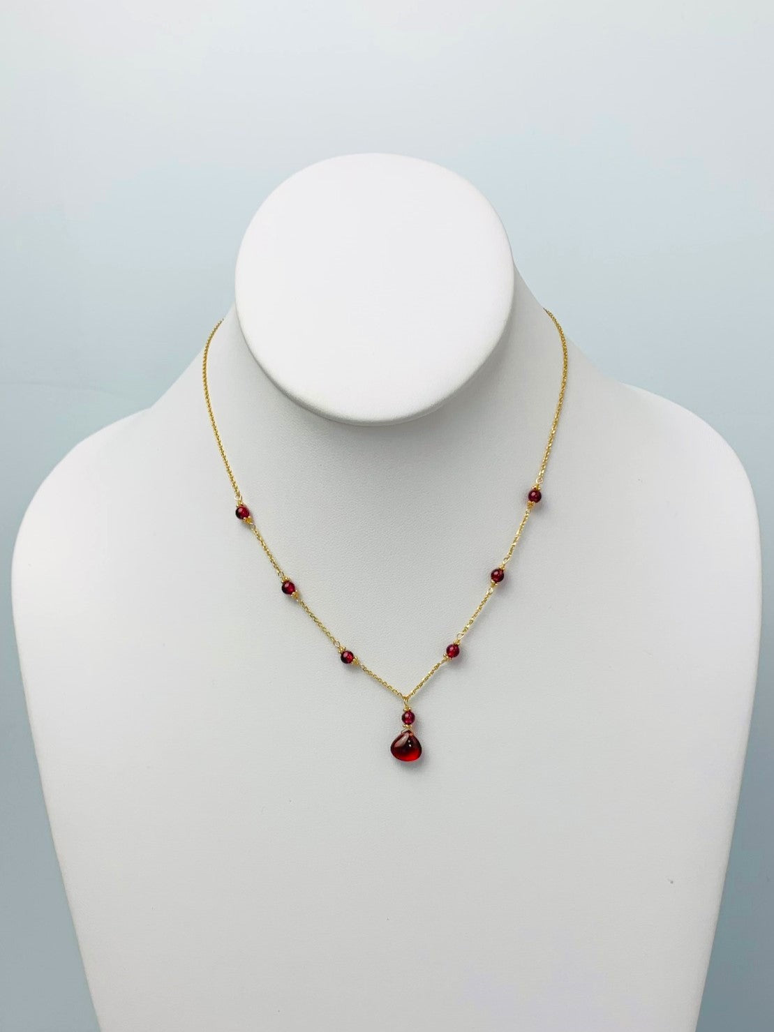 16"-19" Garnet Station Necklace With Center Drop in 14KY - NCK-433-DRPGM14Y-GNT