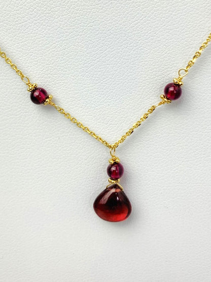 16"-19" Garnet Station Necklace With Center Drop in 14KY - NCK-433-DRPGM14Y-GNT
