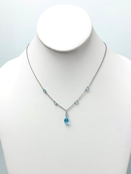 16"-17" Blue Topaz Station Necklace With Center Drop in 14KW - NCK-435-DRPGM14W-BT-17