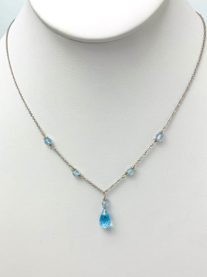 16"-17" Blue Topaz Station Necklace With Center Drop in 14KW - NCK-435-DRPGM14W-BT-17