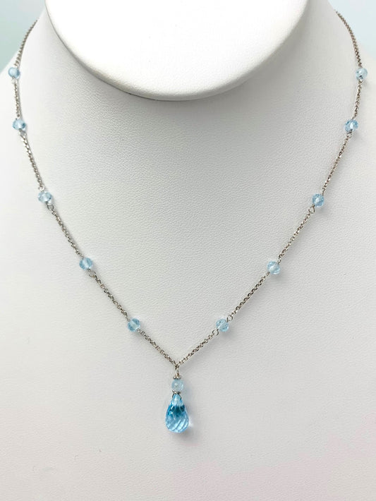 16"-17" Blue Topaz Station Necklace With Center Drop in 14KW - NCK-437-DRPGM14W-BT-17