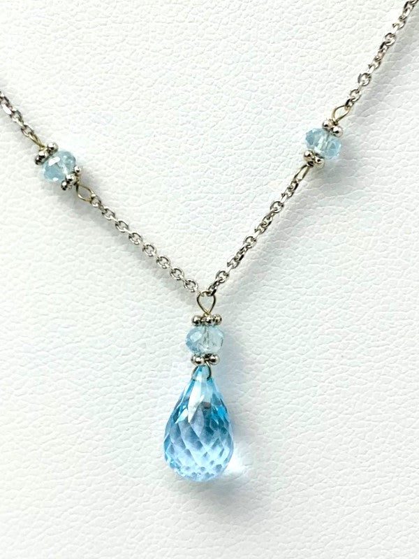 16"-17" Blue Topaz Station Necklace With Center Drop in 14KW - NCK-438-DRPGM14W-BT-17