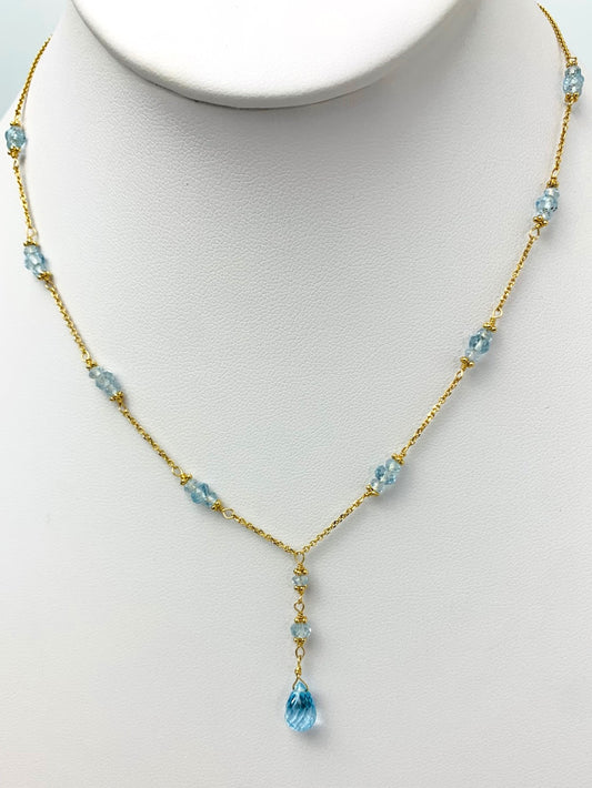 16"-17" Blue Topaz Station Necklace With Center Drop in 14KY - NCK-439-DRPGM14Y-BT-17