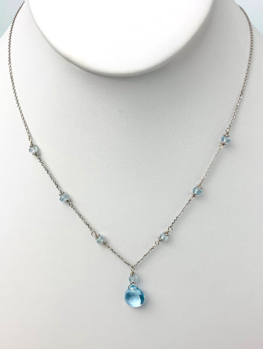 16"-17" Blue Topaz Station Necklace With Center Drop in 14KW - NCK-440-DRPGM14W-BT-17