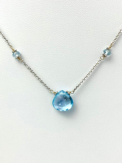 16"-17" Blue Topaz Station Necklace With Center Drop in 14KW - NCK-441-DRPGM14W-BT-17