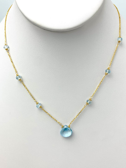 16"-17" Blue Topaz Station Necklace With Center Drop in 14KY - NCK-441-DRPGM14Y-BT-17