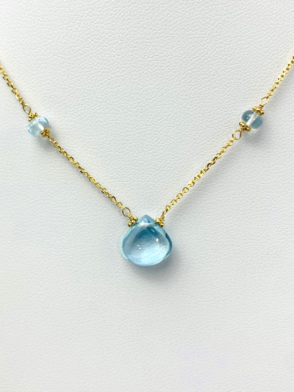 16"-17" Blue Topaz Station Necklace With Center Drop in 14KY - NCK-441-DRPGM14Y-BT-17