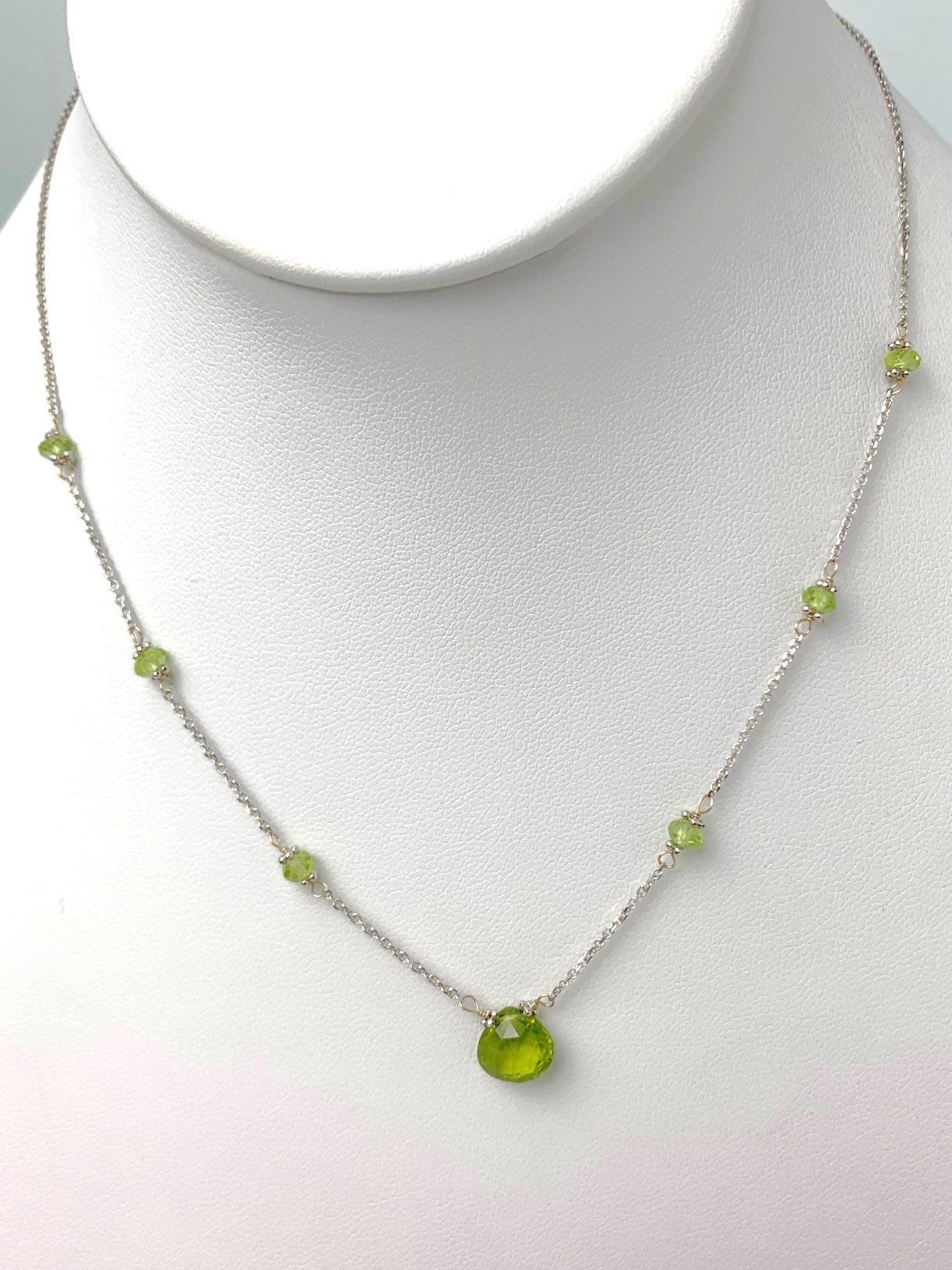 16"-17" Peridot Station Necklace With Center Drop in 14KW - NCK-445-DRPGM14W-PDT-17