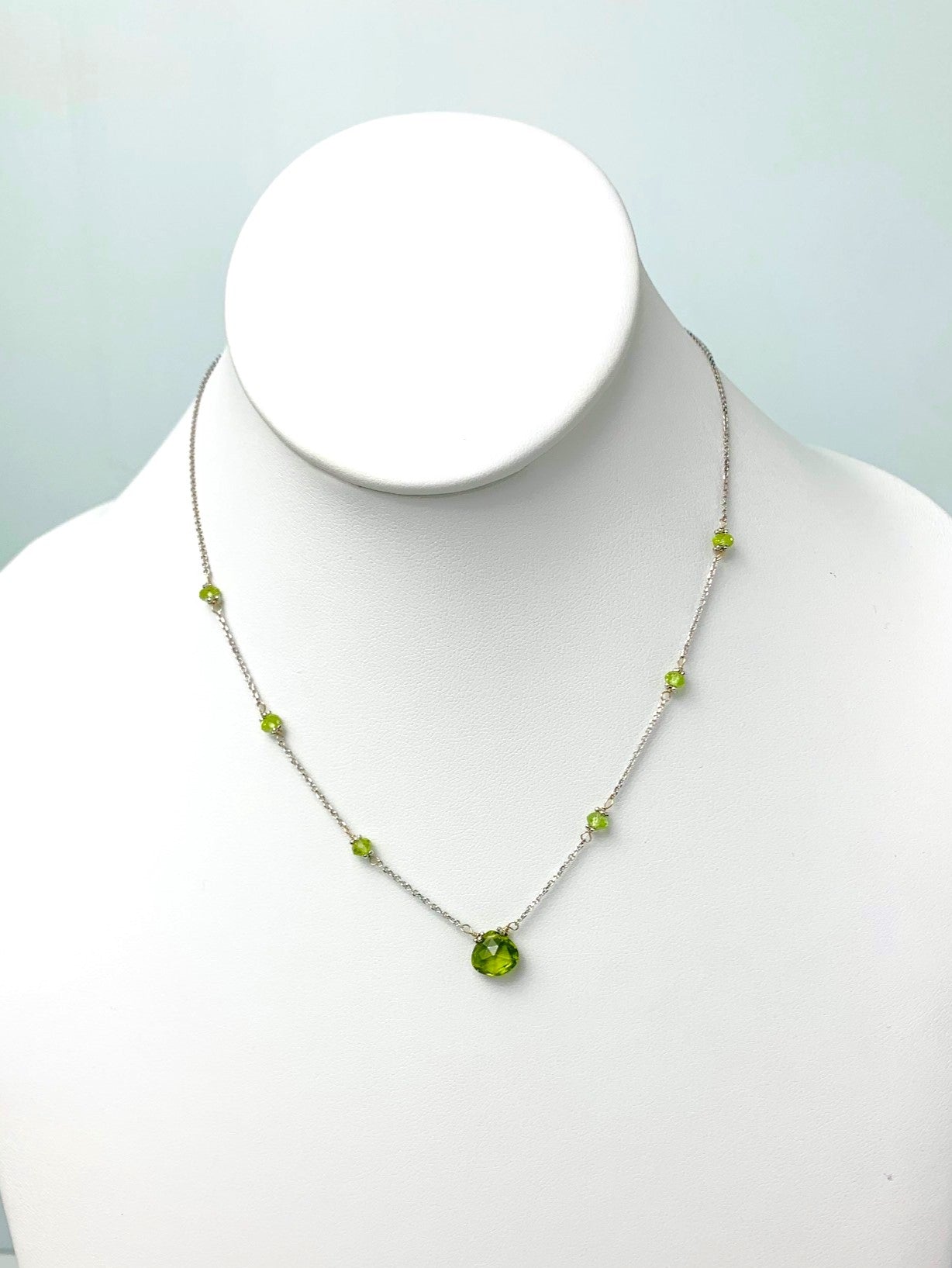 16"-17" Peridot Station Necklace With Center Drop in 14KW - NCK-445-DRPGM14W-PDT-17