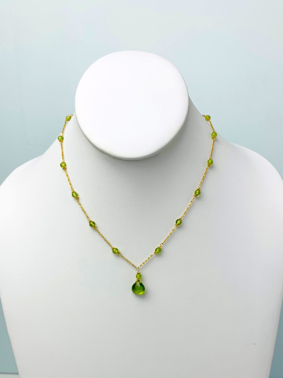 16"-17" Peridot Station Necklace With Center Drop in 14KY - NCK-446-DRPGM14Y-PDT-17