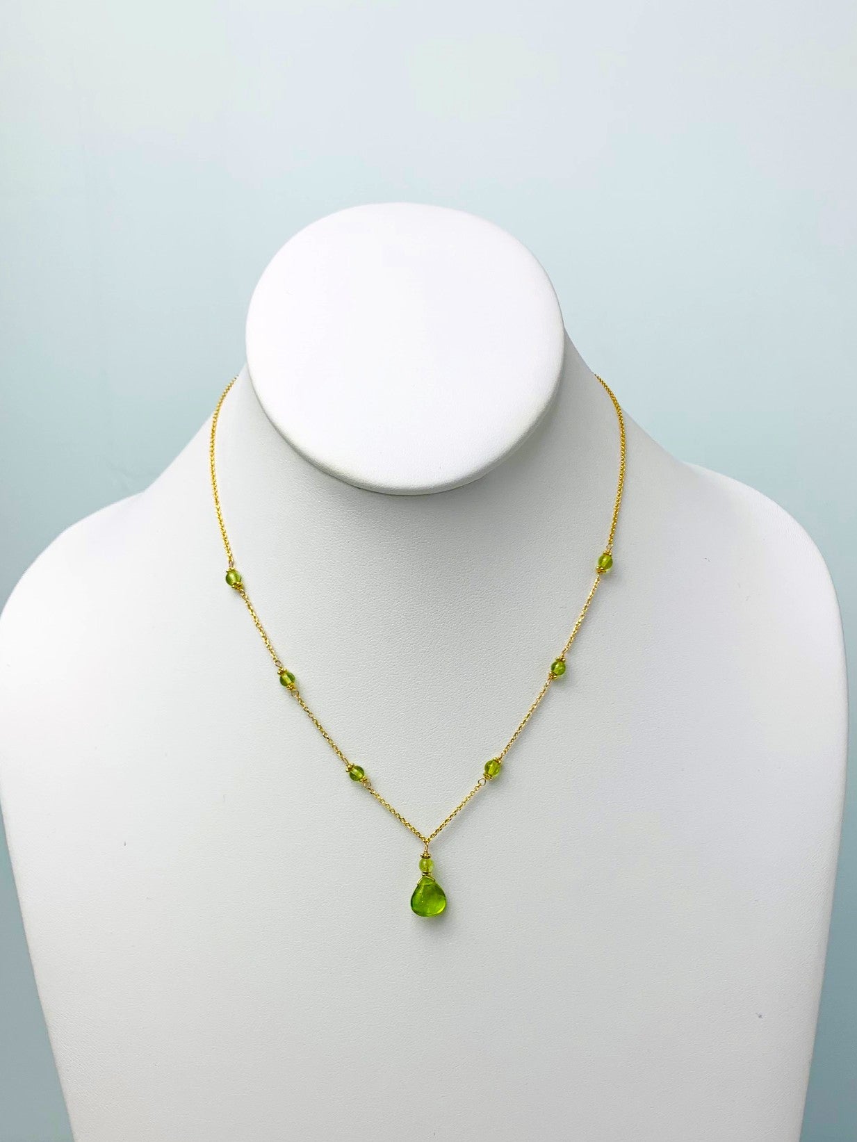 16"-17" Peridot Station Necklace With Center Drop in 14KY - NCK-447-DRPGM14Y-PDT-17