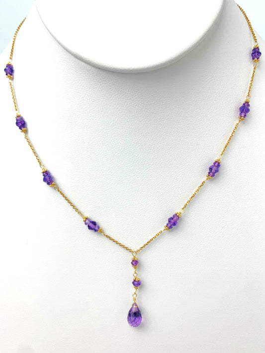 16"-17" Amethyst Station Necklace With Center Drop in 14KY - NCK-449-DRPGM14Y-AMY-17