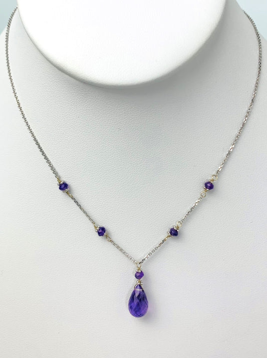 15"-16"  Amethyst Station Necklace With Center Drop in 14KW - NCK-450-DRPGM14W-AMY-16