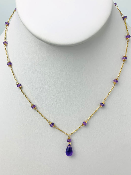 15"-17" Amethyst Station Necklace With Center Drop in 14KY - NCK-451-DRPGM14Y-AMY