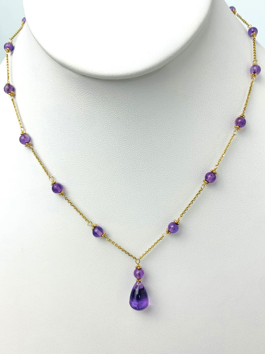 15"-16" Amethyst Station Necklace With Center Drop in 14KY - NCK-452-DRPGM14Y-AMY-16