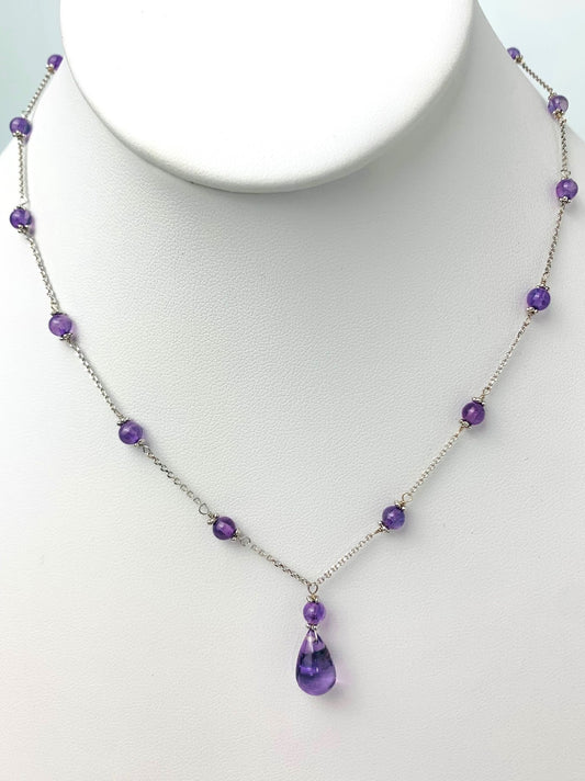 15" Amethyst Station Necklace With Center Drop in 14KW - NCK-452-DRPGM14W-AMY-15